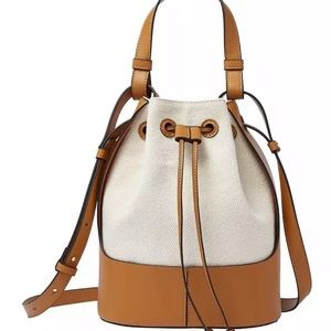 Women’s canvas & tan faux leather drawstring shoulder strap and crossbody purse